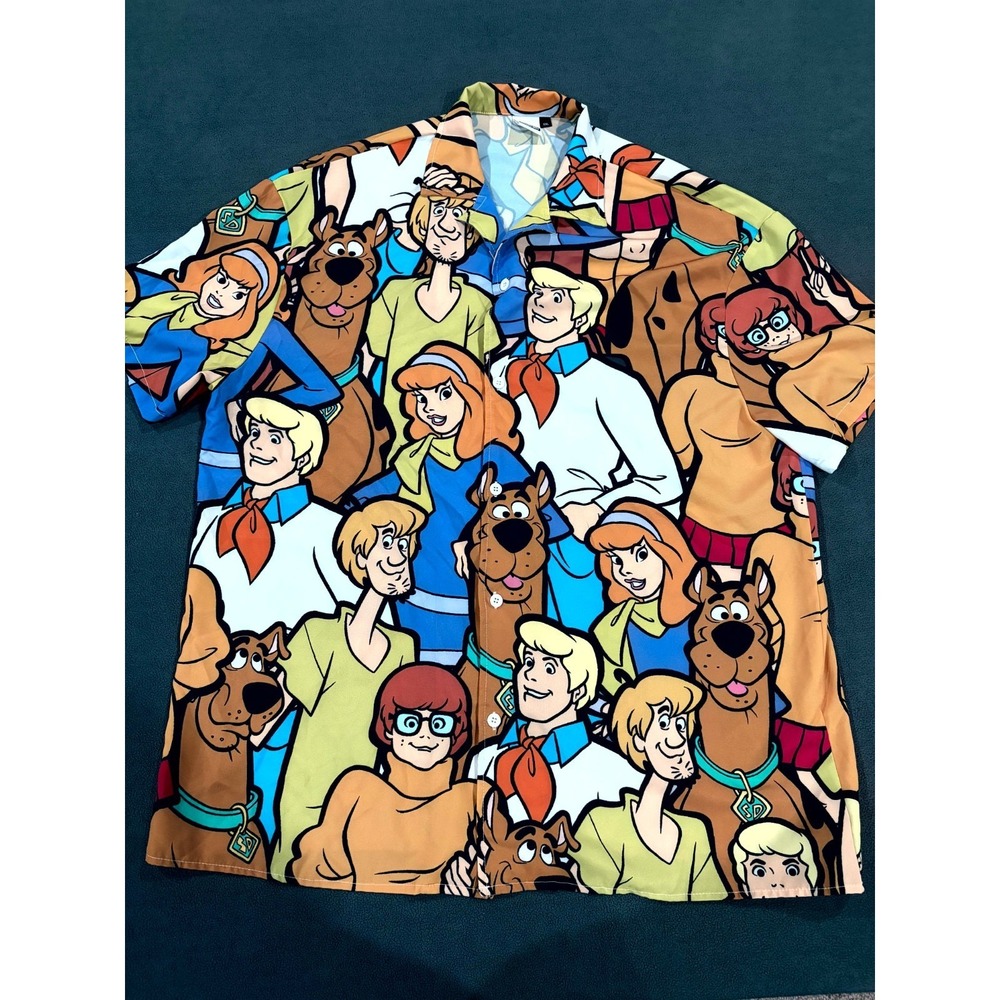 Scooby-Doo Shirt Mens 2XL Multicolor Stretch Allover Print Camp Collar Button Up